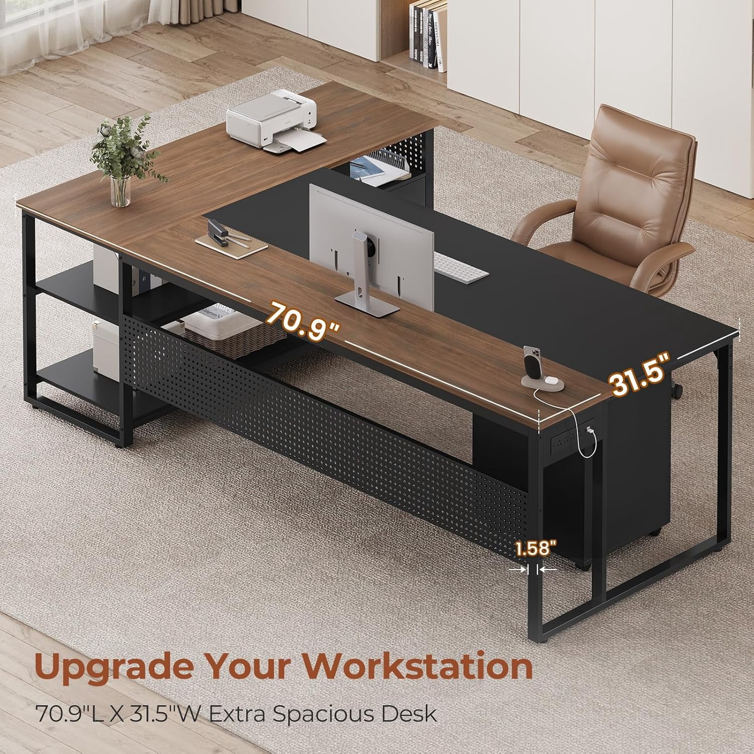 71" Executive Desk with Rolling File Cabinet, L Shaped Computer Desk with Power Outlets, Reversible Gaming Corner Desk with Drawers, Storage Shelves, Hooks for Home Office (Walnut)