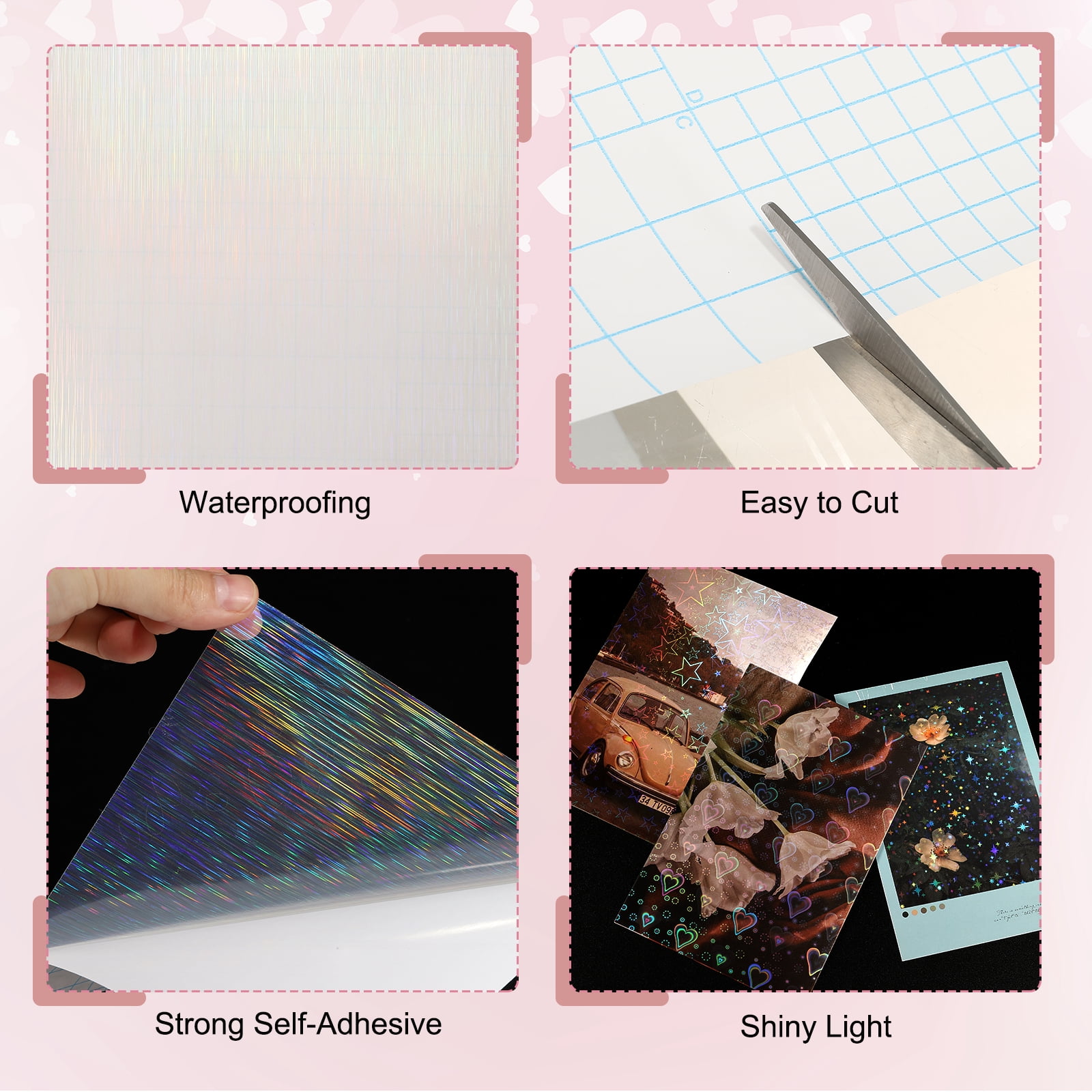 Uxcell 12 Sheets Holographic Sticker Paper, 8.3" x 11.7" Holographic Self-Adhesive A4 Transparent Waterproof Laminate Overlay Film for Photo Cards Scrapbook Decorations(Line)