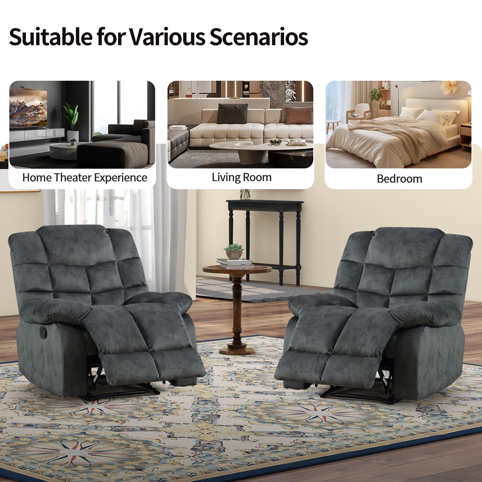 Bonzy Home Recliner Chairs Set of 2 for Living Room Manual Reclining Chair Single Sofa for Bedroom, Gray
