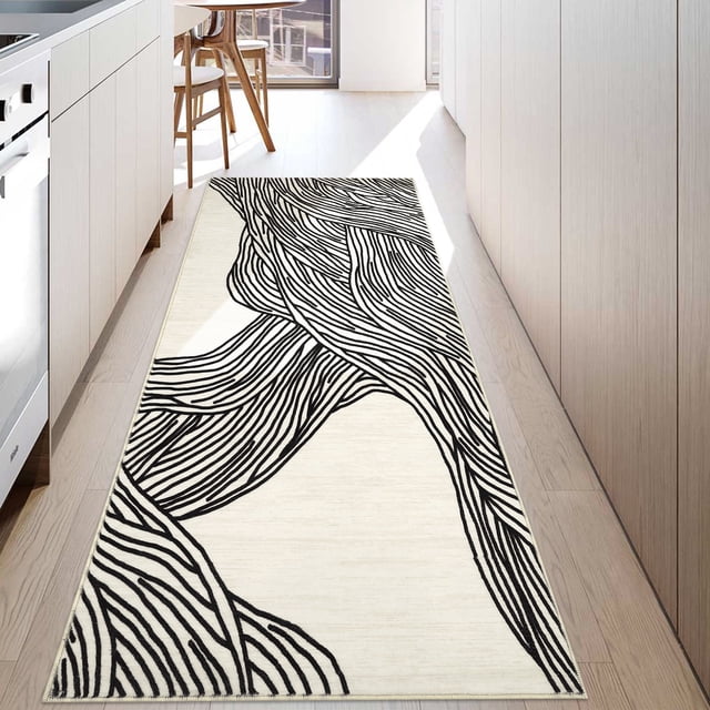 Garvee 2'x6' Washable Runner Rug Modern Abstract Lines Print Rug Long Rug Runner Indoor Hallway Kitchen Runners for Laundry Room, Black White