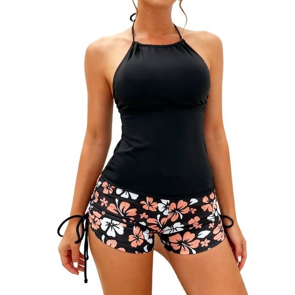Jamicy Women's Bathing Suit Solid Color Drawstring Side Halter Neck Tankini Top with Boyshort Modest Two-Piece Swimsuit