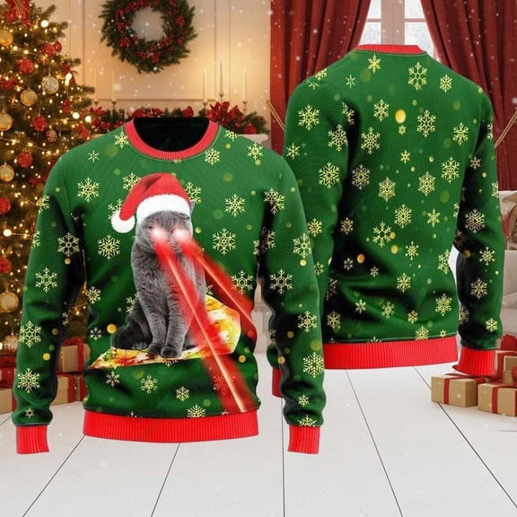 Cat 3D Christmas Sweater, Cat Laser Eyes Sweater, Funny Xmas Holiday Gift