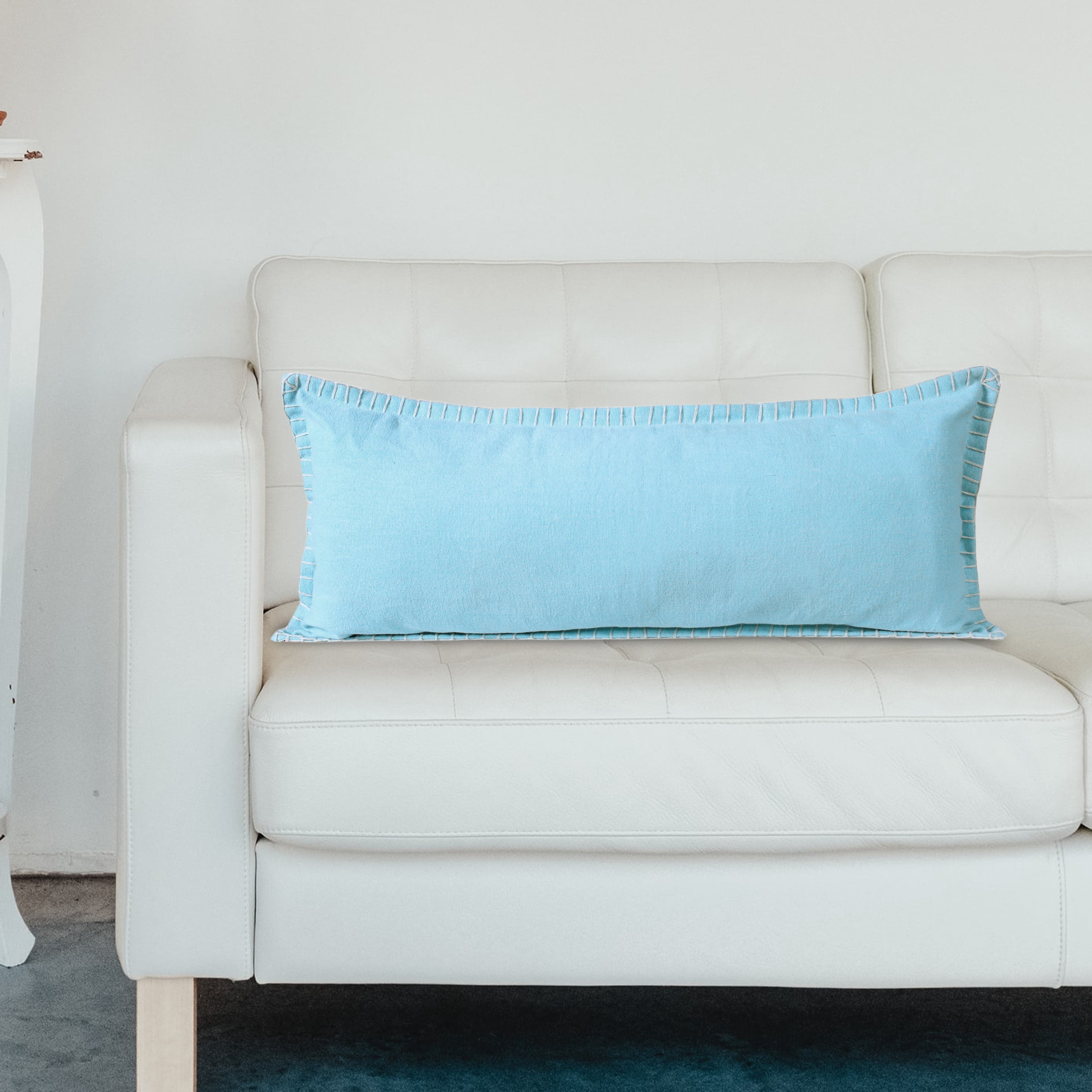 Ox Bay Wilma 14" x 36" Bright Blue Stitch Bordered Cotton Adult Decorative Throw Pillow Cover