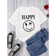 thumbnail image 3 of 1pc Teen Girls' Oversized Casual T-Shirt with Bold "HAPPY" Letter & joyful Face Print - Soft Polyester Blend, Crew Neck, Short Sleeve, Loose Fit for Spring/Summer, 3 of 5
