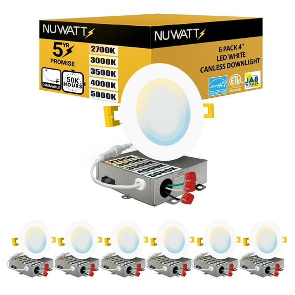 NUWATT 6 Pack, 4 Inch Ultra-Thin LED Recessed Lighting, 5CCT 2700K/3000K/3500K/4000K/5000K Selectable, 630LM, 9W, IC Rated, Dimmable Slim Panel Light, White Trim Canless Wafer With Junction Box, ETL