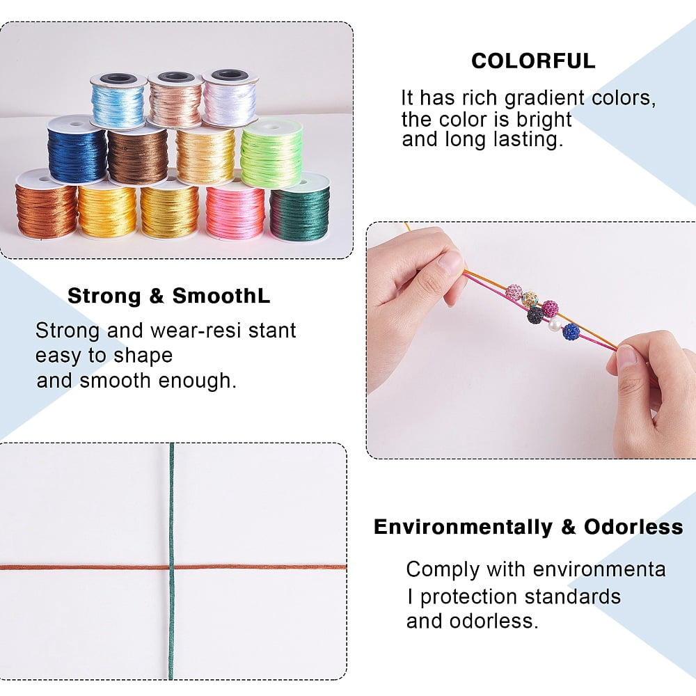 1 Set 12 Rolls 12 Colors Macrame Rattail Chinese Knot Making Cords Round Nylon Satin Cord Mixed Color 2mm about 10.93 yards(10m)/roll