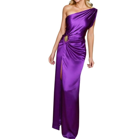 Povozer One Shoulder Bridesmaid Dresses for Women A-Line Evening Formal Gown with Slit(Purple,XL)