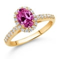 thumbnail image 2 of Gem Stone King 10K Yellow Gold Pink Created Sapphire and White Lab Grown Diamond Halo Engagement Ring for Women (1.21 Cttw, Gemstone September Birthstone, Oval 7X5MM), 2 of 4