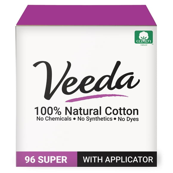 Veeda 100% Natural Cotton Non Toxic Tampons Super Absorbency, Leak Proof Protection, Compact BPA-Free Applicator, Unscented All Natural Tampons For Women, No C