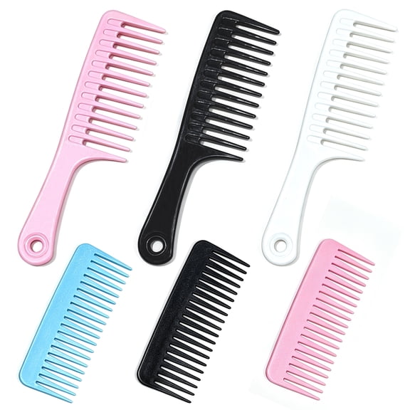 Wide Tooth Comb Set 6 Pack, Detangling Hair Comb for Curly Wet Dry Hair, Pink Black White Blue, PP Plastic, 3 Large & 3 Small Combs