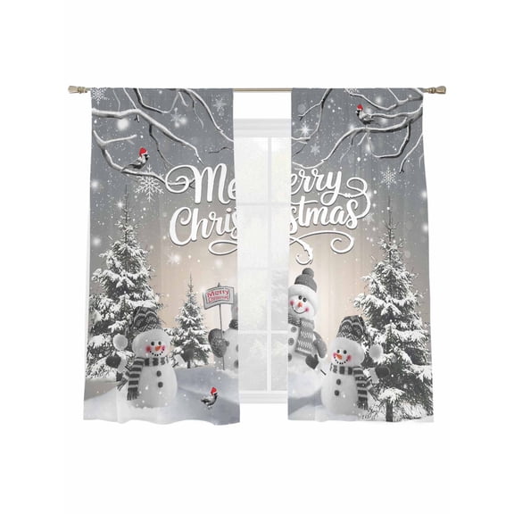 Grey Christmas Sheer Curtains 72 inches Long, Xmas Snowman Tree Snowflake Light Filtering Sheer Window Curtains Rod Pocket Voile Drapes for Bedroom Living Room, 2 Panels 52"W x 72"L