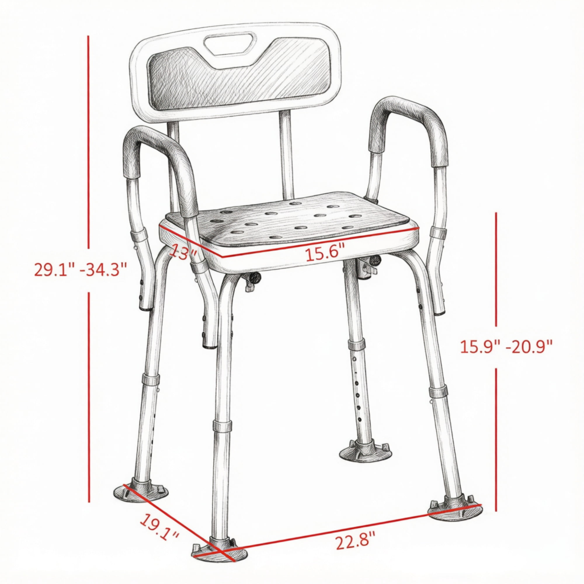 Adjustable Height Padded Shower Chair with Arms And Back Anti-slip Bath Seat for Seniors And Disabled Tool-Free Assembly, 299lbs