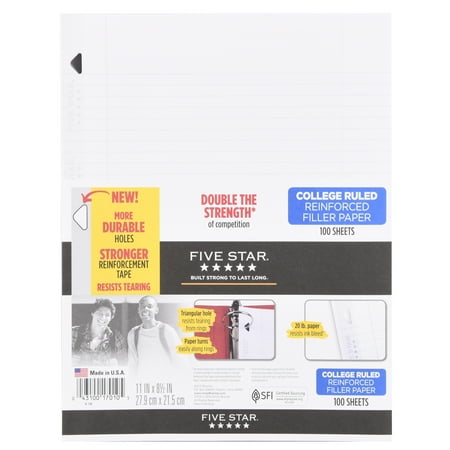 Five Star® Reinforced Filler Paper, College Ruled, 11" x 8 1/2", 100 Sheets/Pack