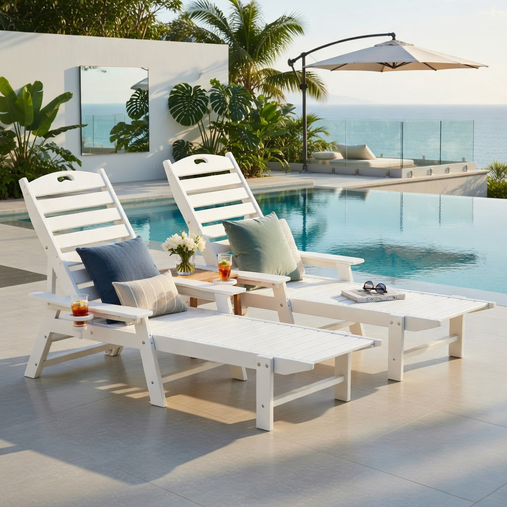 Hommoo HDPE Outdoor Chaise Lounge Chair with 4-Position Adjustable Backrest, Weather-Resistant Patio Lounger for Poolside, Backyard & Porch, White