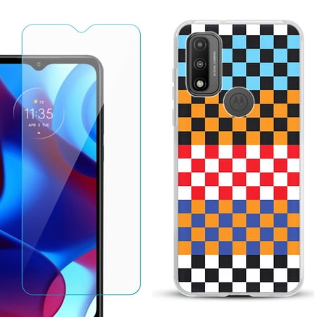 Slim-Fit Gel TPU Phone Case for Motorola Moto G Pure with Tempered Glass Screen Protector by OneToughShield ® - Colorful Checker