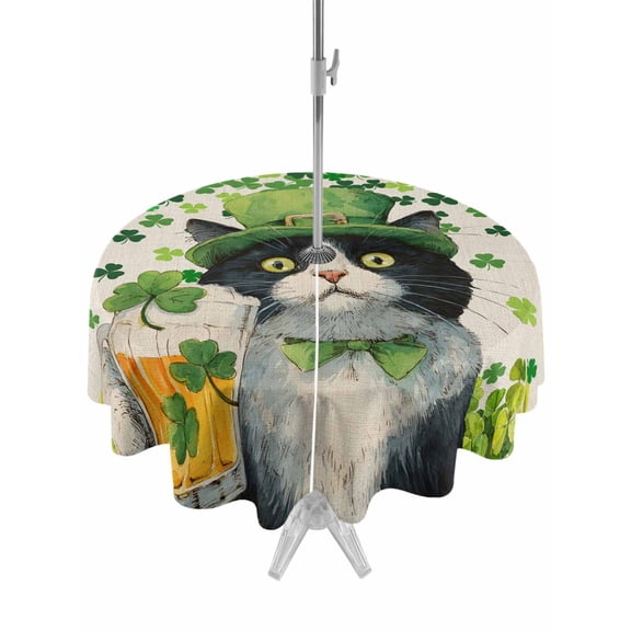 Outdoor Tablecloth with Umbrella Hole and Zipper, St. Patrick's Day Round Table Cloth 60 Inch Waterproof Tablecloth, Vintage Cute Cat Beer Green Clovers Picnic Table Cover for Patio Camping