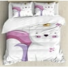 Unicorn Cat King Size Duvet Cover Set, Fictitious Horned Character with Cute Face Expression Girls Kids, Decorative 3 Piece Bedding Set with 2 Pillow Shams, Pale Pink Orange Lilac, by Ambesonne
