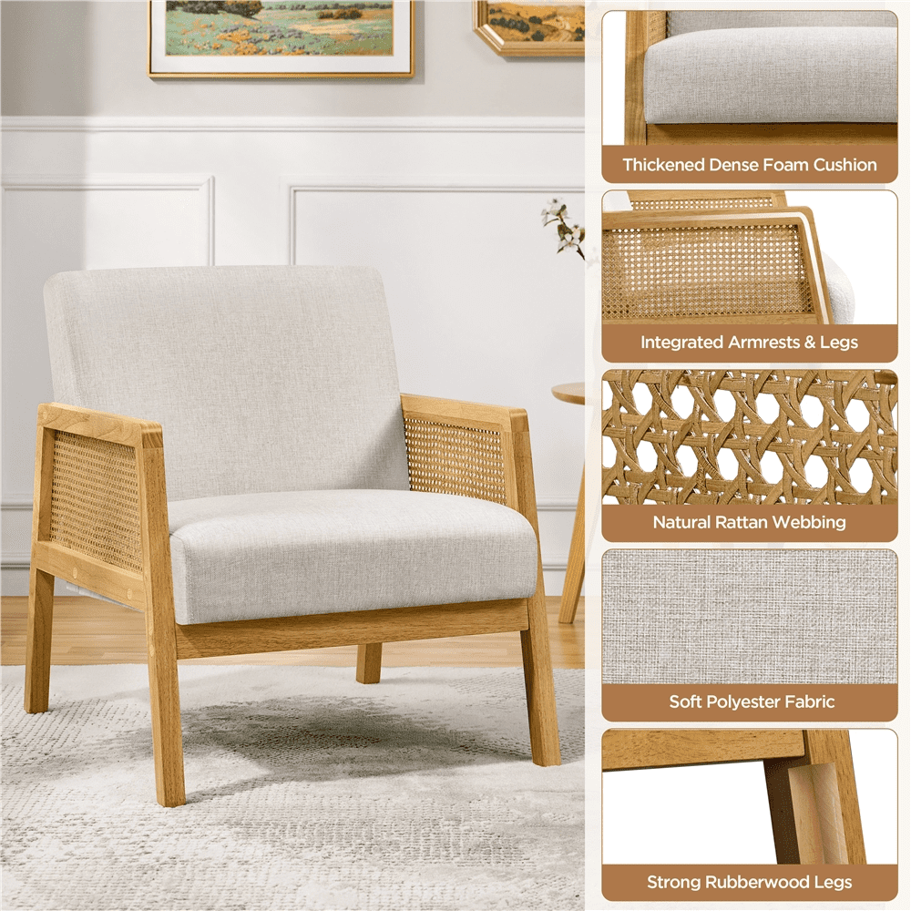 Renwick Fabric Upholstered Accent Chair with Rattan Sides for Living Rooms,Beige