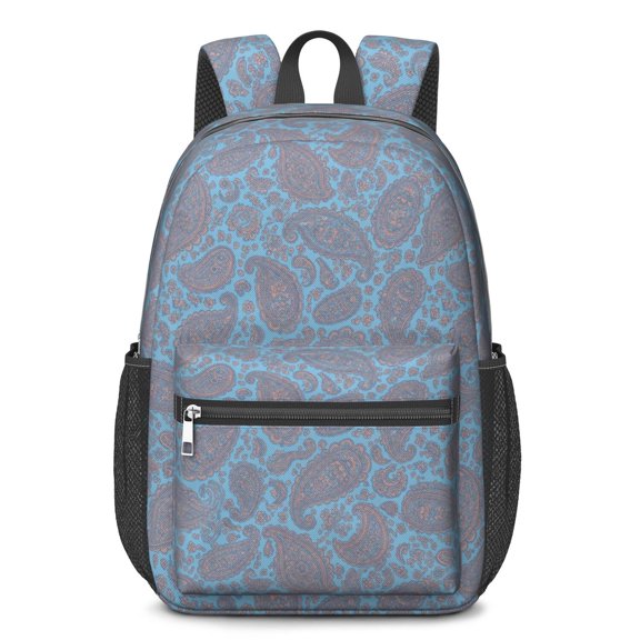 Paisley and Damask Blue Pattern 17" Waterproof Oxford School Backpacks for Teens, S-Shape Padded Straps, for School, Travel, Hiking, Camping