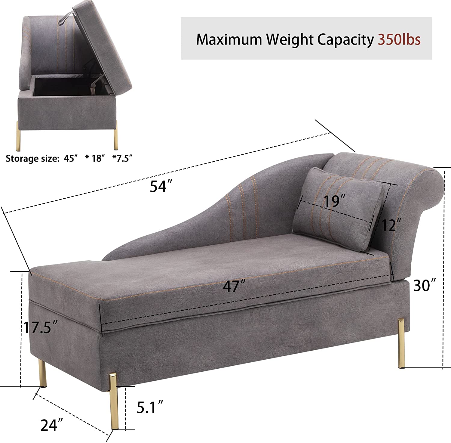 Andeworld Chaise Lounge with Storage, Modern Upholstered Tufted Chaise Lounge Chair Indoor Faux Suede Sofa Recliner Couch for Bedroom Office Living Room -Grey(Right Armrest) - image 3 of 7