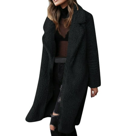 

Women s Fuzzy Fleece Lapel Open Front Long Cardigan Coat Faux Fur Warm Winter Outwear Jackets