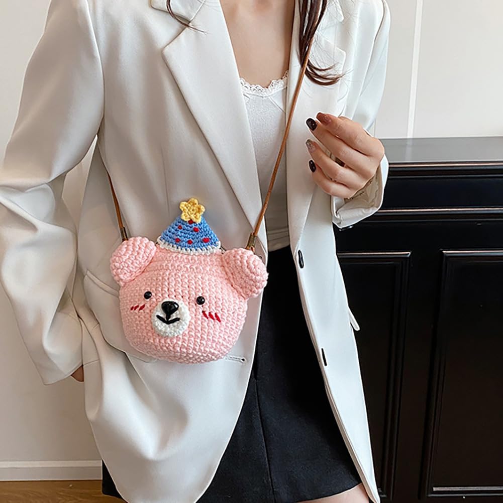 Baguery Handmade Crochet Party Hat Bear Crossbody Bag - Cute Knitted Animal Purse with Metal Frame, Mini Shoulder Bag for Women