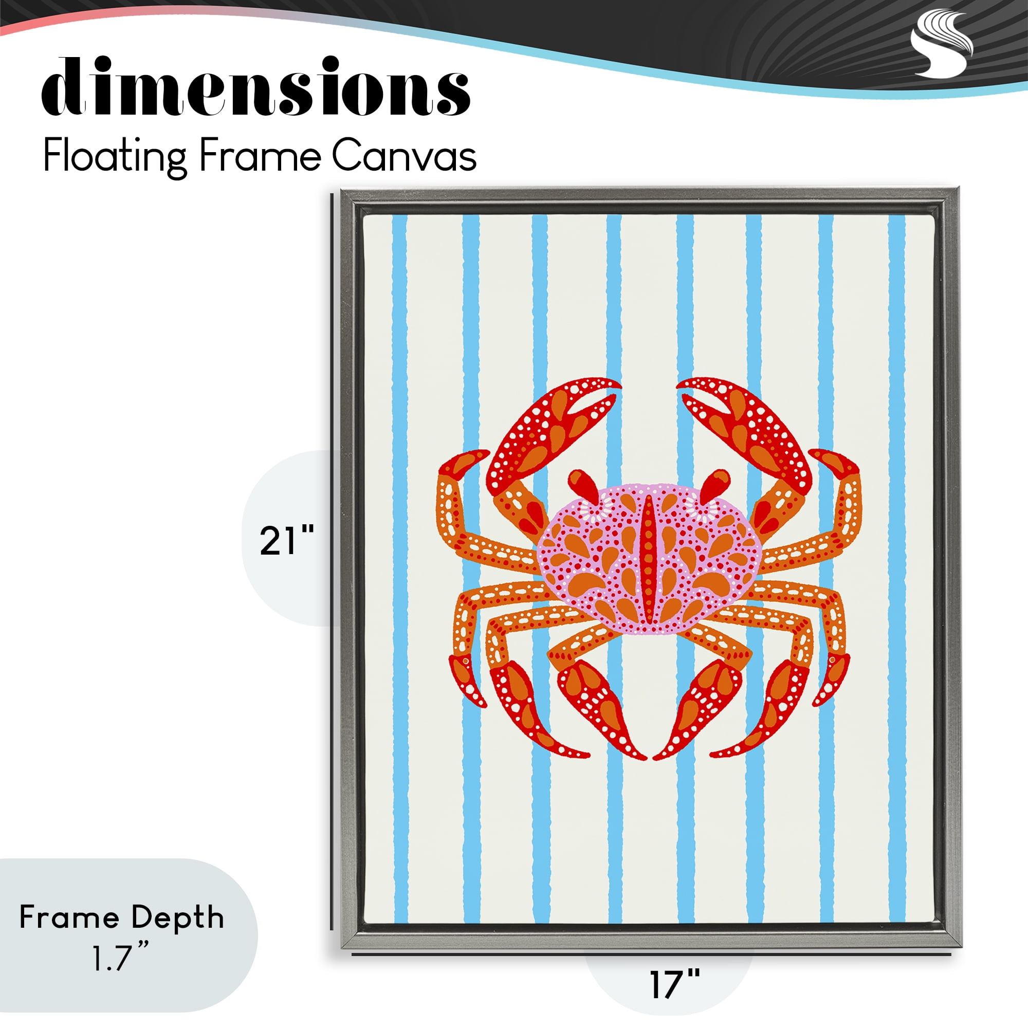 Stupell Industries Bright Crab on Stripes Gray Framed Floater Canvas Wall Art, design by Indira Prieto | IndySign