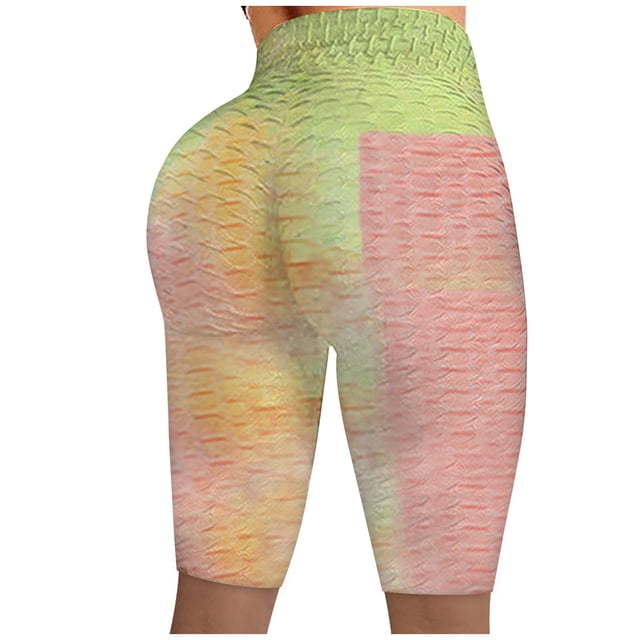Gibobby Pantalon cortos yoga mujer Yoga Mujer Arrugado Biker Fitness Correr Pantalones elásticos Leggings Pantalones cortos Tie-dye Pantalones de yoga(Amarillo,XG)