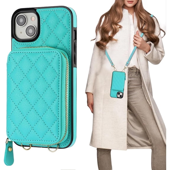 Crossbody Wallet Case for iPhone 15 Plus, RFID Blocking PU Leather Zipper Handbag Purse Flip Cover, Kickstand Folio Case with Card Slots Holder Wrist Strap Lanyard 5G 6.7 Inch (Mint Green)
