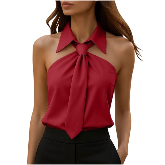 Sahpxhe Womens Tank Top Tie-Neck Halter Sleeveless Shirt with Back Zipper Off Shoulder Trendy Summer Blouses Red S