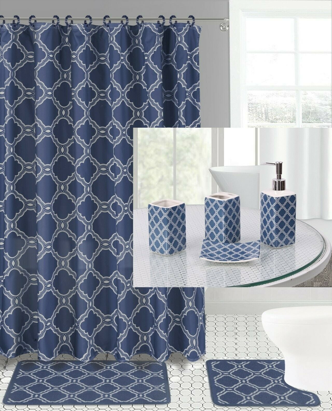 19PC HONEY NAVY BATHROOM SET EMBROIDERY BANDED WASHABLE RUBBER BACKING
