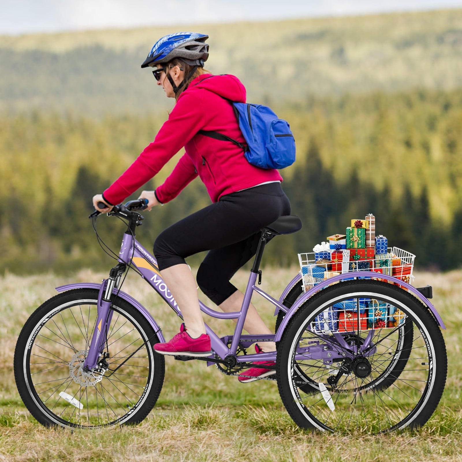 MOONCOOL Mountain Tricycle for Adults, 3 Wheeled 7-Speed Mountain Tricycle 24/26/27.5 inch Men's Women's Tricycles Cruiser Bike with Cargo Basket