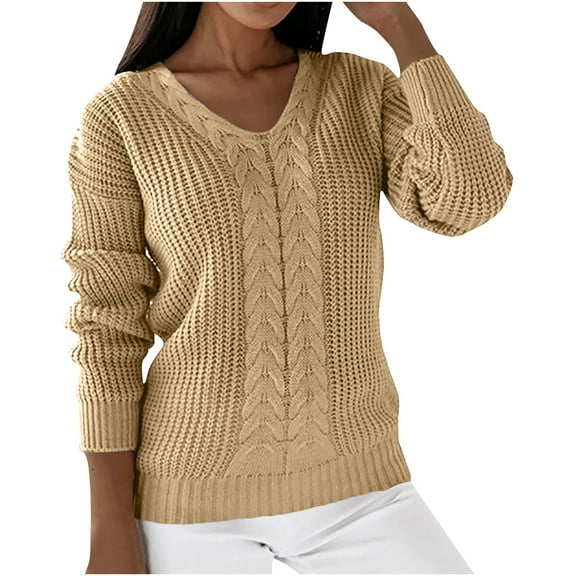 Trendy Cable Knit Sweaters for Women Solid Waffle Long Sleeve Pullover Sweater Casual V Neck Slim Fit Sweater Tops