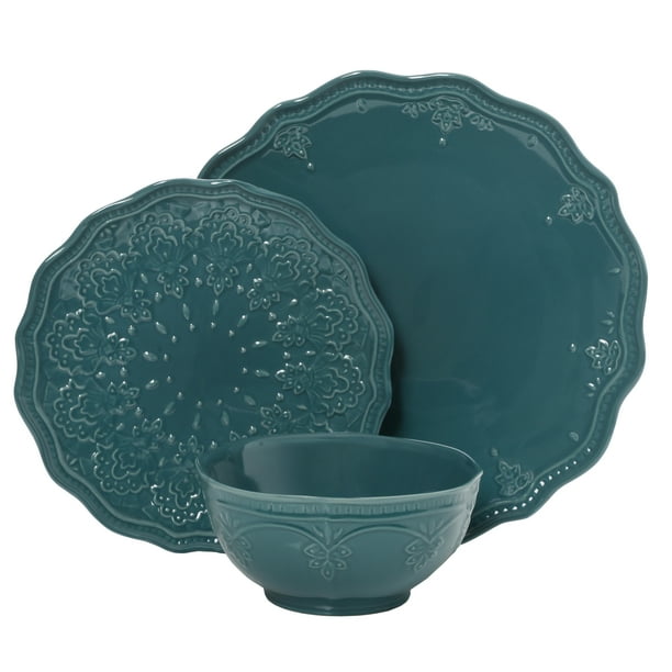 The Pioneer Woman Farmhouse Lace 12Piece Dinnerware Set, Teal