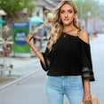 thumbnail image 3 of Women'S Cold Shoulder Mesh Panel 3/4 Bell Sleeve Casual Top Blouse Shirt Black S, 3 of 8