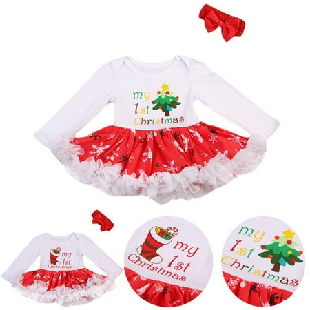 

2PCS Set Baby Girls Christmas Romper Tutu Dress Holiday Costume Outfits Headband