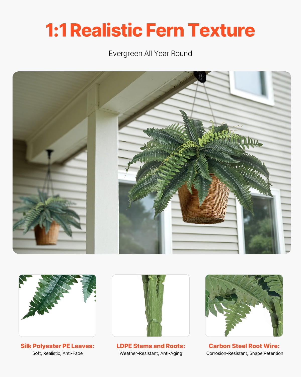 VEVOR Artificial Ferns 2 Pcs, Natural Spread Diameter 31-34 Inch, Large Hanging Artificial Boston Ferns, Fake Plant Wall Decor with 30 Branches, Faux Fern for Home and Office (Flowerpot Unincluded)