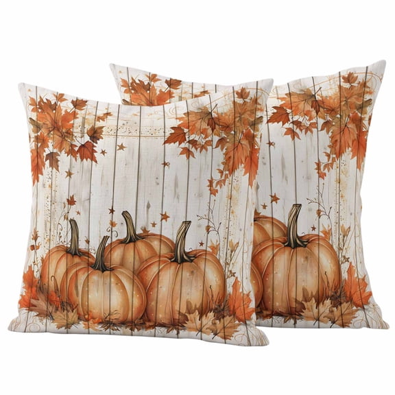 Orange Pumpkin Fall Outdoor Waterproof Pillow Covers, Thanksgiving Botanical Autumn Leaf Wooden Decorative Square Throw Pillowcase Sofa Cushion Sham for Patio/Couch/Chair, 18"x18" 2 Pack