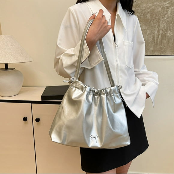 Stylish PU Leather Shoulder Bag for Women, Fashion Casual Handbag Messenger Bag with Adjustable Strap, Versatile Crossbody Purse for Work Dating Travel Shopping Beach Outings, Silver