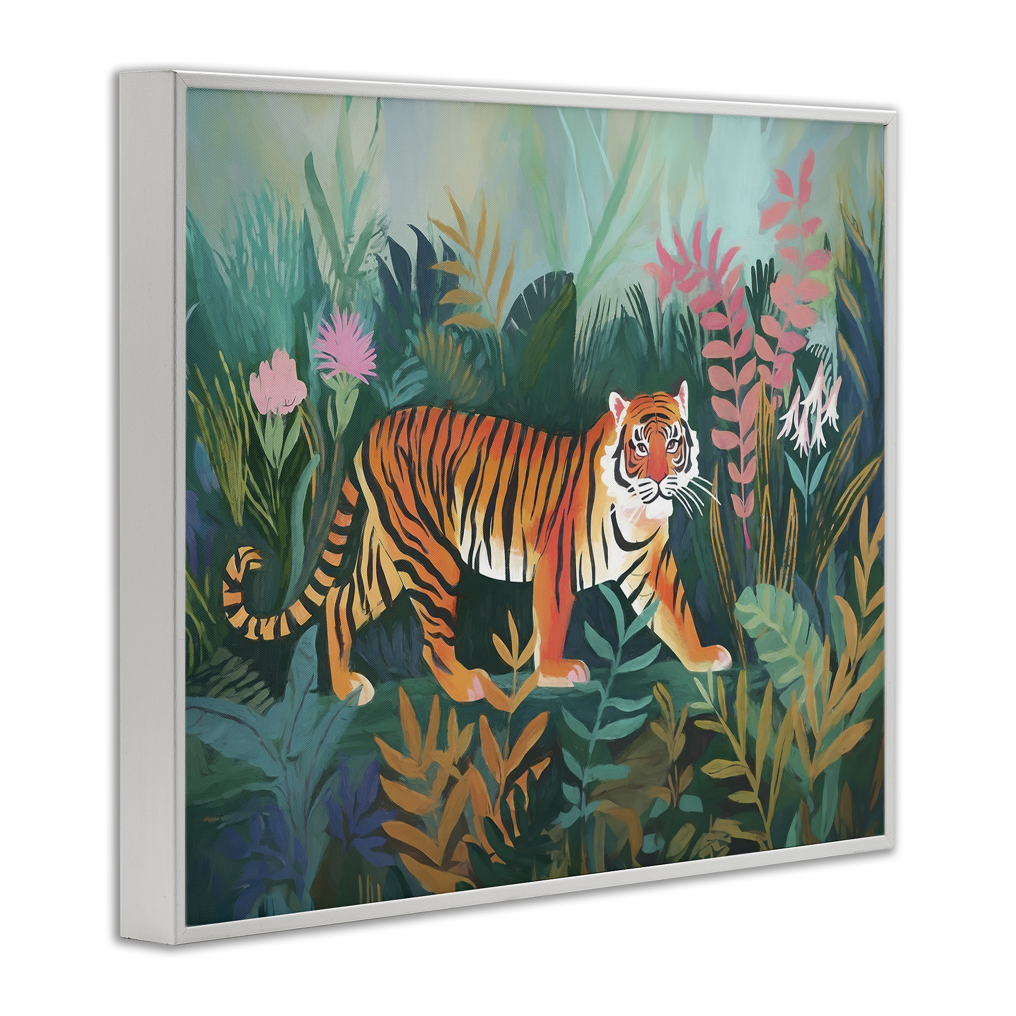 Stupell Industries Tiger in Jungle Leaves Animals & Insects Painting White Framed Art Print Wall Art, 14 x 11