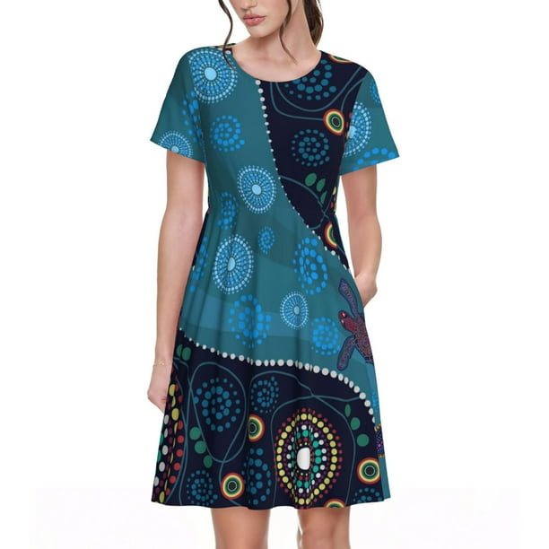 Easygdp Bohemian Turtle para Vestido Transpirable de Mujer, Vestido Suelto de Manga Corta con Pliegues y Bolsillos para el Verano