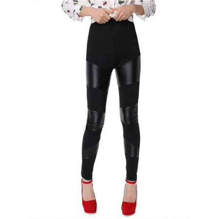 Womens Bodycon Faux Leather Leggings Stitching Stretchy