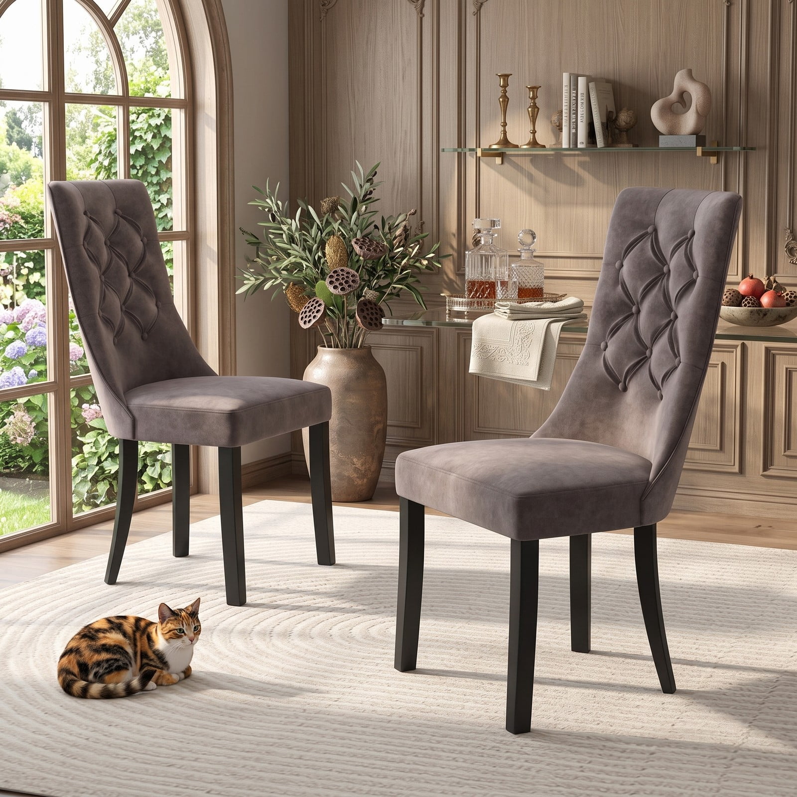 Furnibear Tufted Dining Chairs Set of 2, Upholstered Velvet Accent Side Chairs with High Backrest, Padded Seat and Rubber Wood Legs for Kitchen Living Room, Light Gray