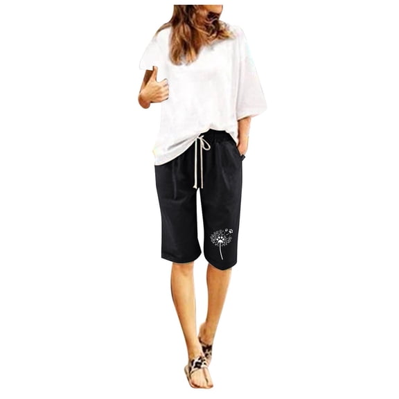 WAYUTE Shorts for Women Floral Prints Cotton Linen Drawstring Waist Beach Stretch Shorts Casual Versatile Summer Dailywear