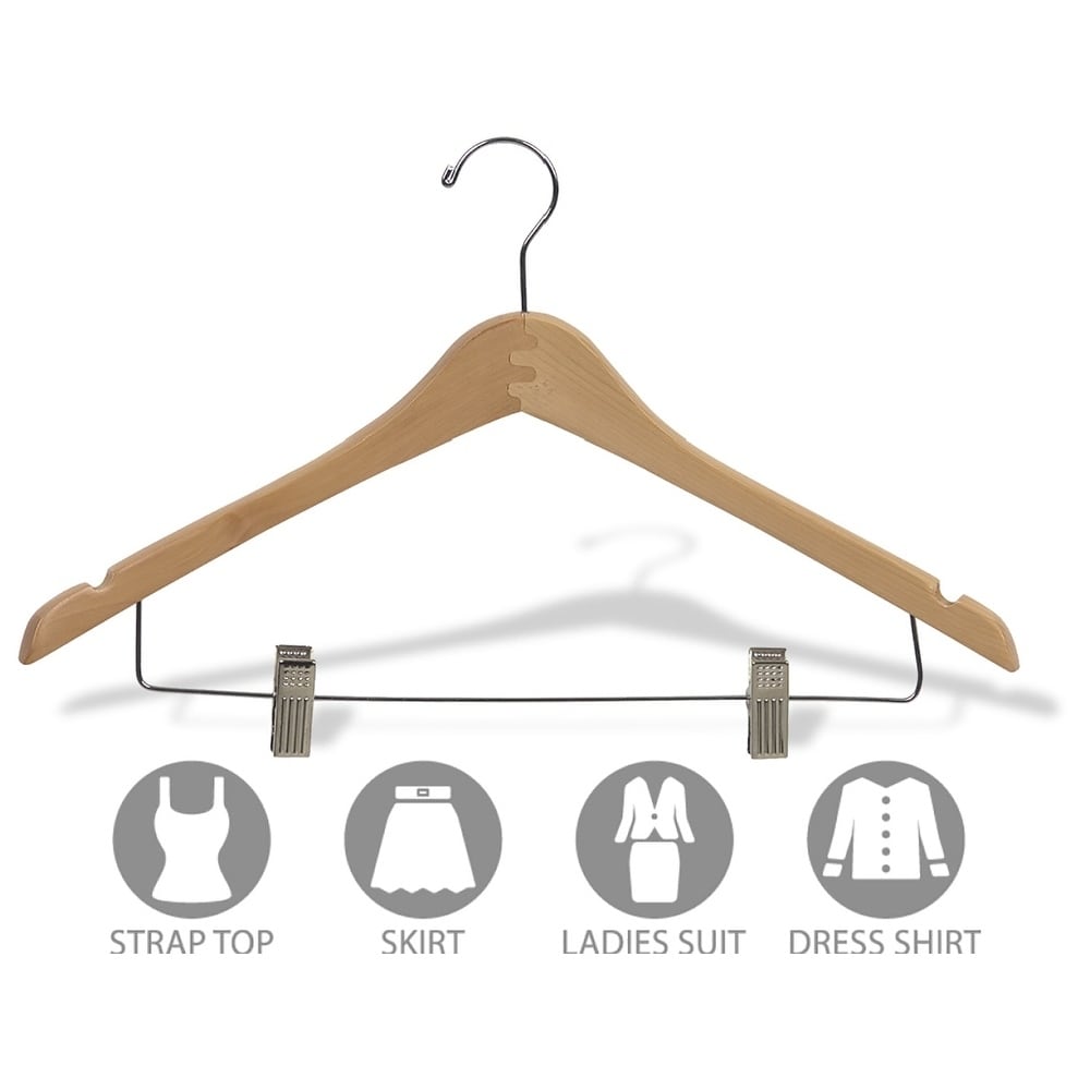 International Hanger Wooden Curved Combo Hanger, Natural Finish with Chrome Hardware, Box of 50