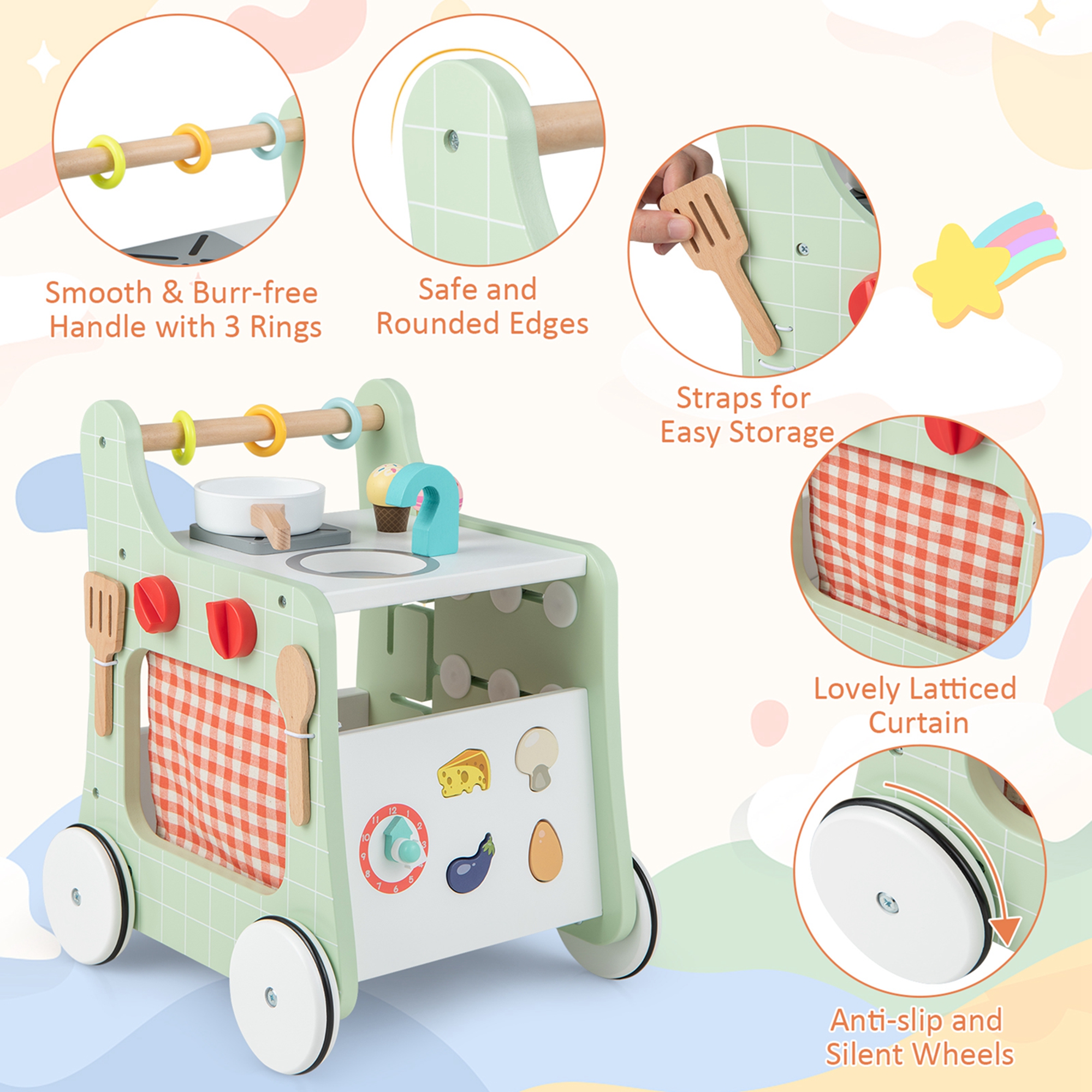 Costway 6-in-1 Baby Push Walker Wooden Strollers Learning Activity Center Toy with Kitchen 12+ months+ Green
