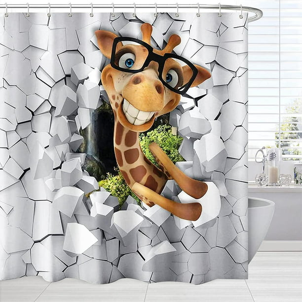 Animal Bath Shower Curtain Cute Giraffe with Glasses Breaking into Wall 3D  Art Printing Funny Shower Curtains for Kids Bathroom , White Brown Fabric Bathroom  Decor Set with Hooks 