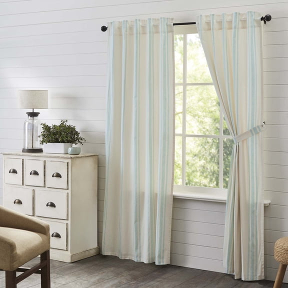 VHC Brands Grain Sack Aqua Blue Stripe Coastal Farmhouse Panel Curtain Set 84"x40"
