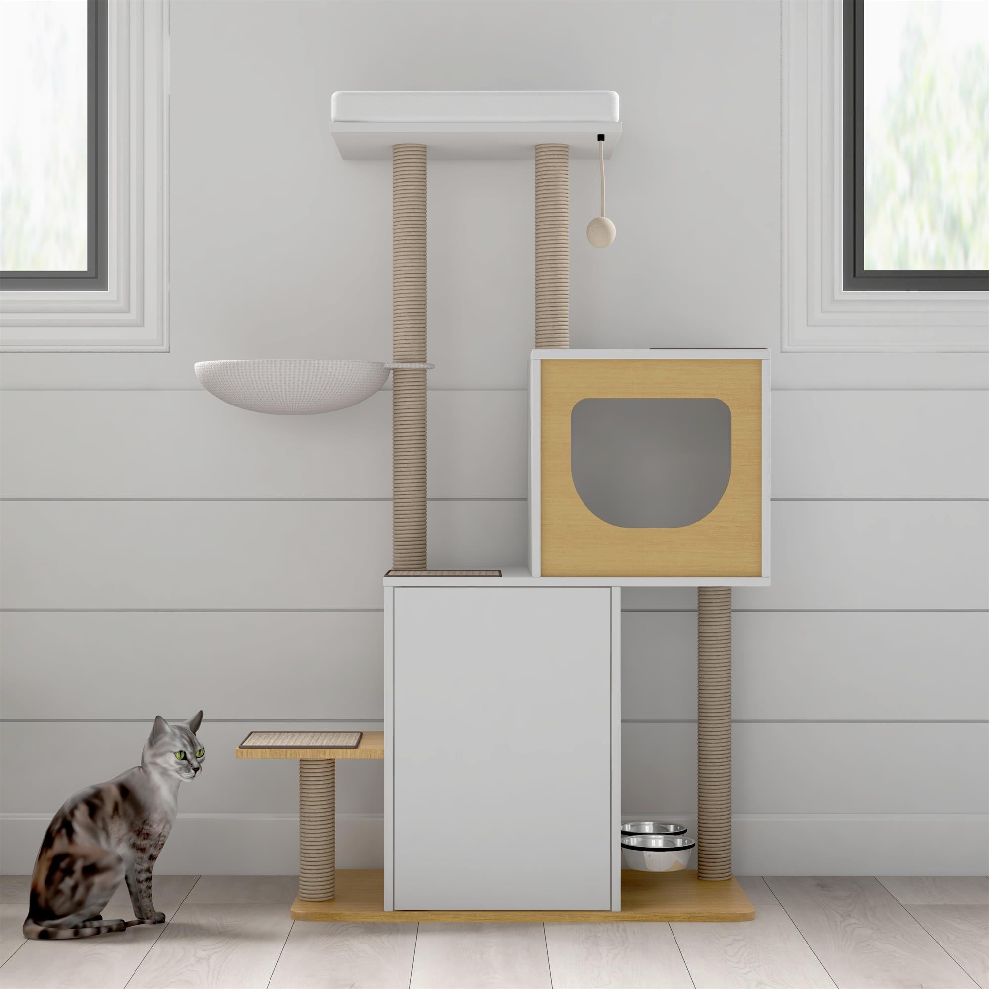 Pefilos 50" Wood Cat Tree Tower Multi-Level Cat Condo with Sisal Scratching Post for Indoor Kitten Activity Centre Furniture, White Pefilos 50" Wood Cat Tree Tower Multi-Level Cat Condo with Sisal Scratching Post for Indoor Kitten Activity Centre Furniture, White