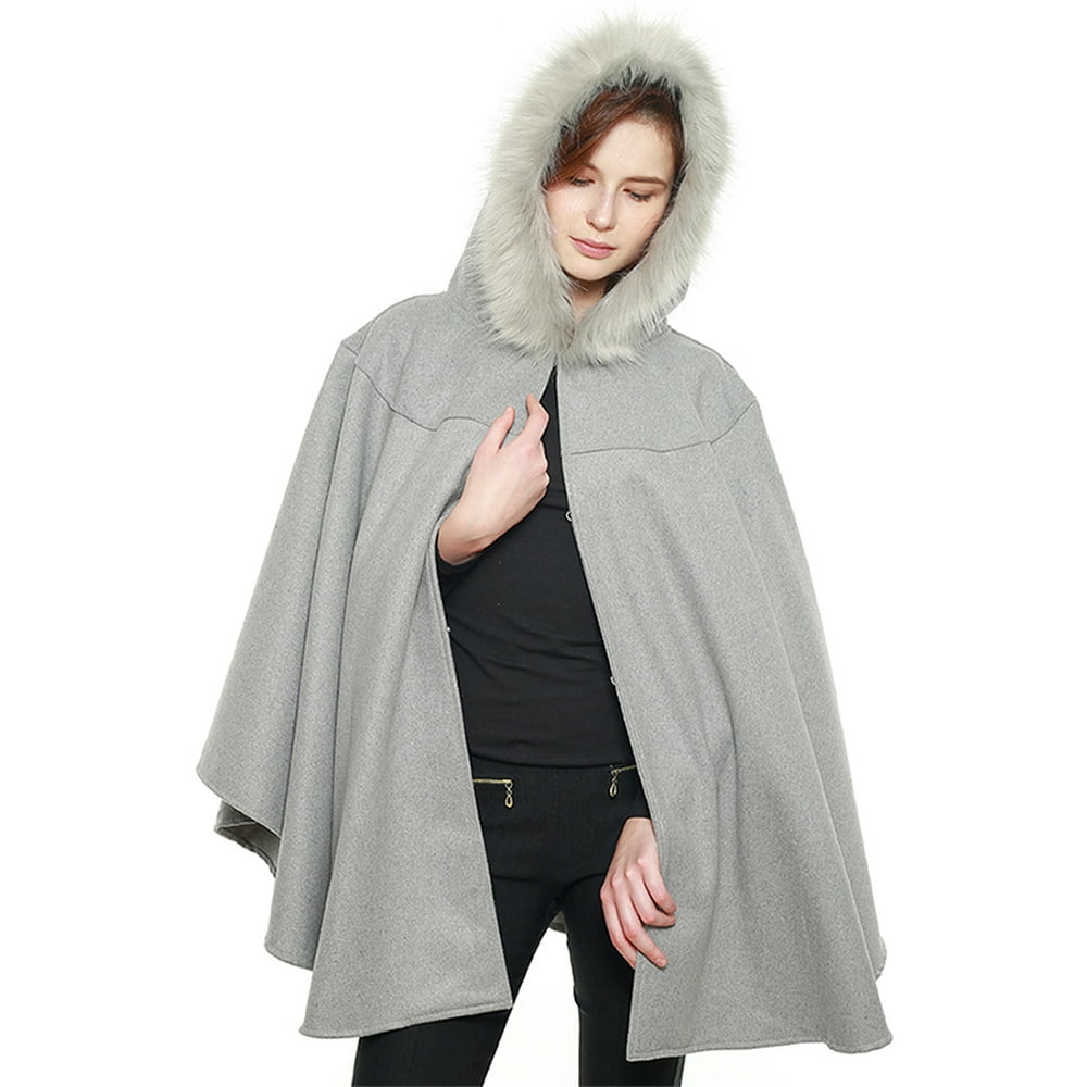 OEM - Womens Faux Fur Trim Hooded Cape Shawl Fall Winter Outerwear ...